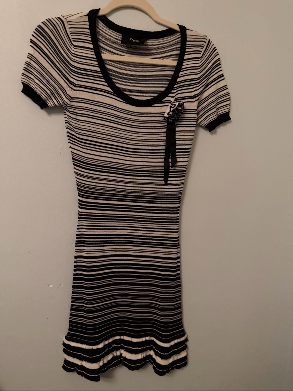 D&G Black & Cream Striped Short-Sleeve Knit Mini Dress
